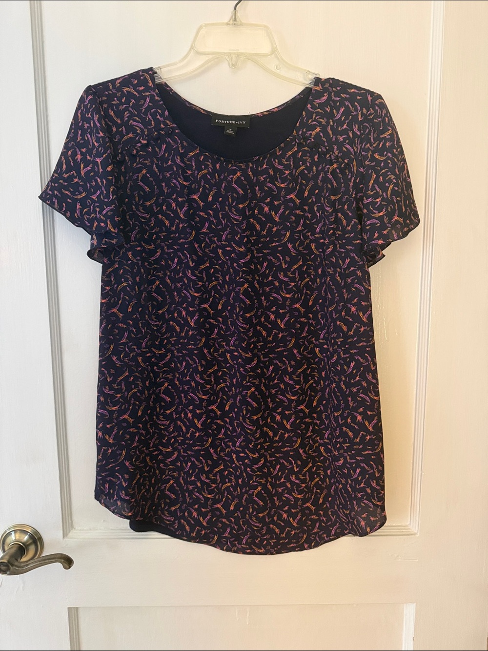 Navy Short Sleeve Scoop Neck Blouse with Pink & Purple Print